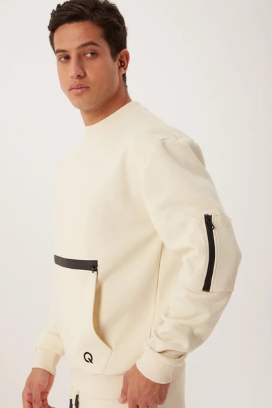 Erkek Fermuar Detaylı Sweatshirt Ekru ürün görseli 1