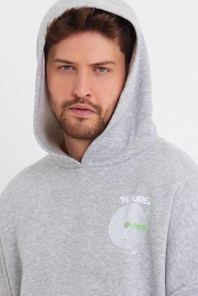 Erkek Oversize Baskılı Sweatshirt Gri Melanj - Resim 4