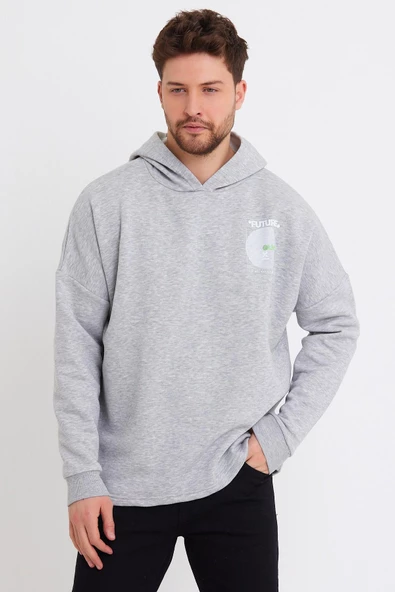 Erkek Oversize Baskılı Sweatshirt Gri Melanj ürün görseli 1