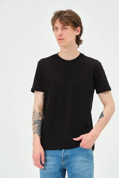 Erkek Bisiklet Yaka Regular Kalıp T-shirt Siyah ürün görseli 1