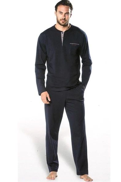 PİERRE CARDİN 5454 Lacivert Penye Uzun KolÇeyiz Pijama Takımı ürün görseli 1