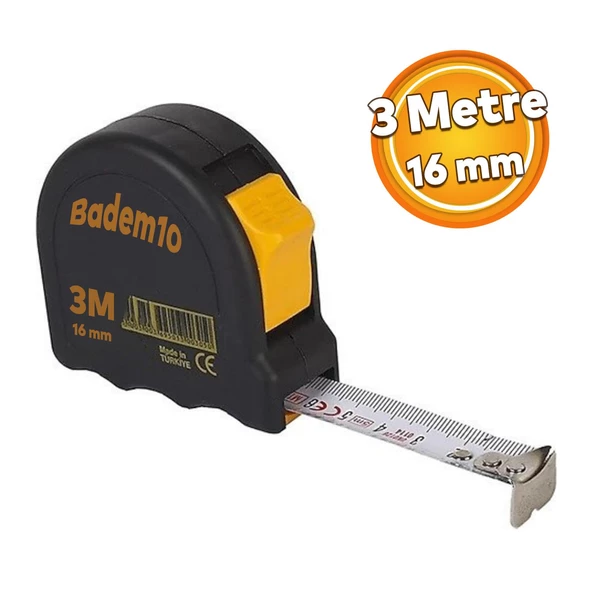 Şerit Metal Bükülebilir Metre 3 m x 16 mm Siyah Renk Düğmeli Ölçüm Ölçme Plastik Kasalı ürün görseli 1