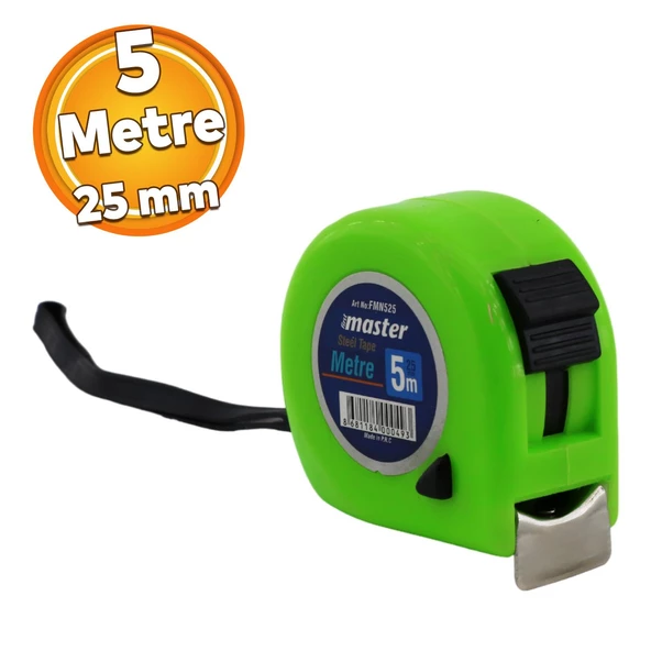 Şerit Metal Bükülebilir Metre 5 m x 25 mm Yeşil Renk Düğmeli Ölçüm Ölçme Plastik Kasalı Klipsli ürün görseli 1