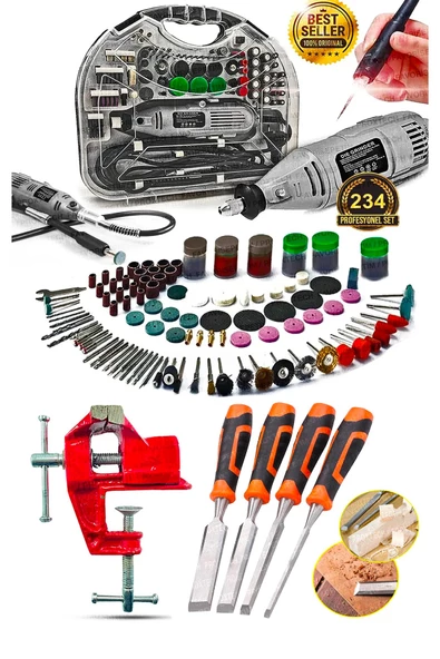 Premium Seri Devirli Çantalı Dramel Gravür Seti Hobi Taşlama Kit, Pro Ahşap oyma Seti Mengene ürün görseli 1