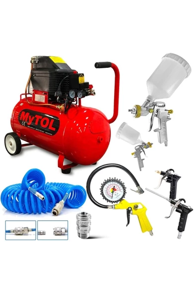 Mytol 50 Litre Hava Kompresörü 2Hp 8Bar 15mt Spiral Hortum HavaTabancası- Jakları Full-Fırsat Paket ürün görseli 1