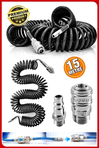 Havalı Yüksek Kalite Kompresör Spiral Hava Hortumu 8 Mm 15 Metre Hava Jakı Kompresör Recor Paket ürün görseli 1