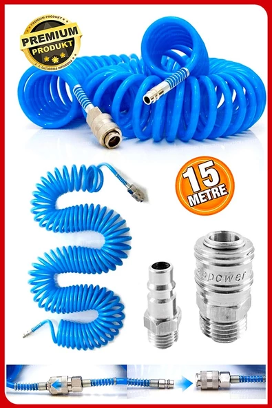 Havalı Yüksek Kalite Kompresör Spiral Hava Hortumu 8 Mm 15 Metre  Hava Jakı Kompresör Recor Seti ürün görseli 1