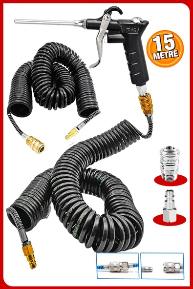 Yüksek Kalite Kompresör Spiral Hava Hortumu 8 mm 15 mt Hava Jakı  Hava Tabancası Recor Seti ürün görseli 1