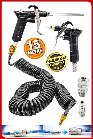 Havalı 15 METRE  Kompresör Spiral Hava Hortumu 8 mm 15 mt Hava Jakı  Hava Tabancası Recor Paket ürün görseli 1