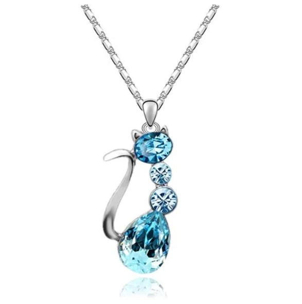 Kristal Taşlı Metal Kedi Kolye - Resim 2