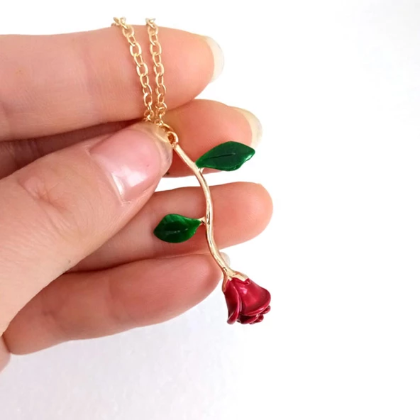 Yeşil Yapraklı Rose Zamak Gül Bayan Kolye ürün görseli 1