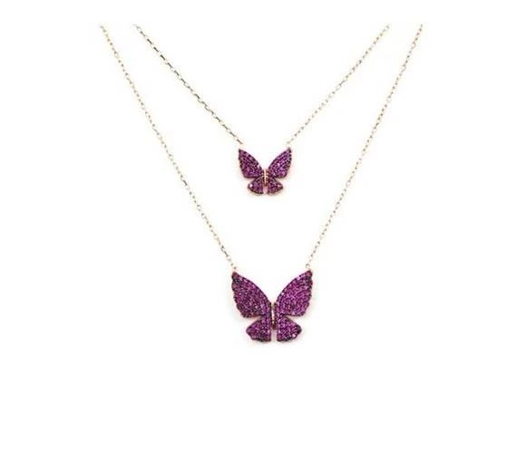 Pigado 925 Ayar Gümüş Çiftli Zirkon Taşlı Kelebek Kolye ürün görseli 1