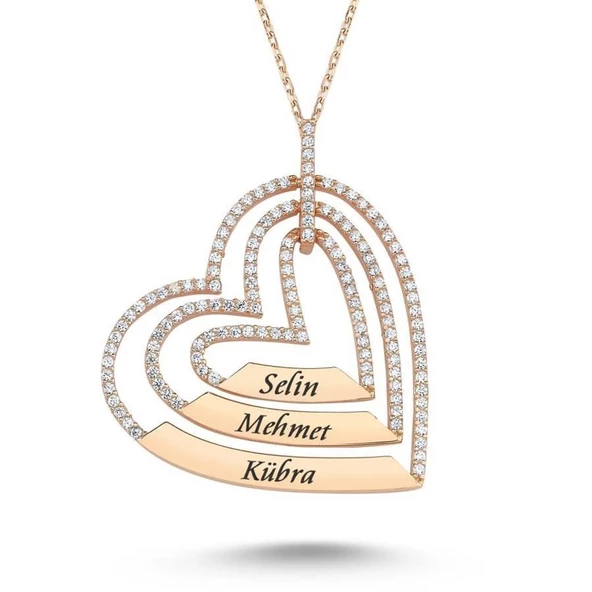 925 Ayar Gümüş Zirkon Taşlı İsme Kişiye Özel Üç Kalpli Kolye ürün görseli 1