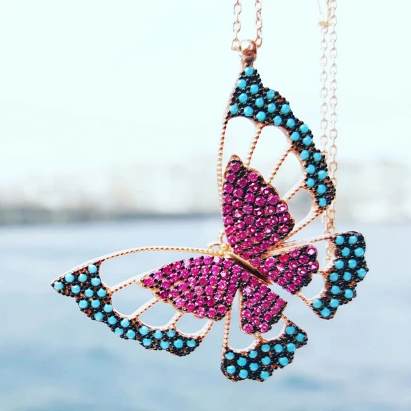 Gümüş Üç Boyutlu Turkuaz ve Ruby Zirkon Taşlı Kelebek Kolye ürün görseli 1