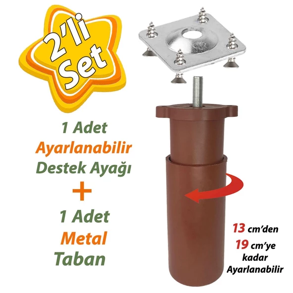 Destek Ayağı 13-19 cm Kahverengi ve Metal Düz Ayak Tabanı M8 Civatalı İnce Diş Mobilya Kanepe Baza Koltuk Seti ürün görseli 1