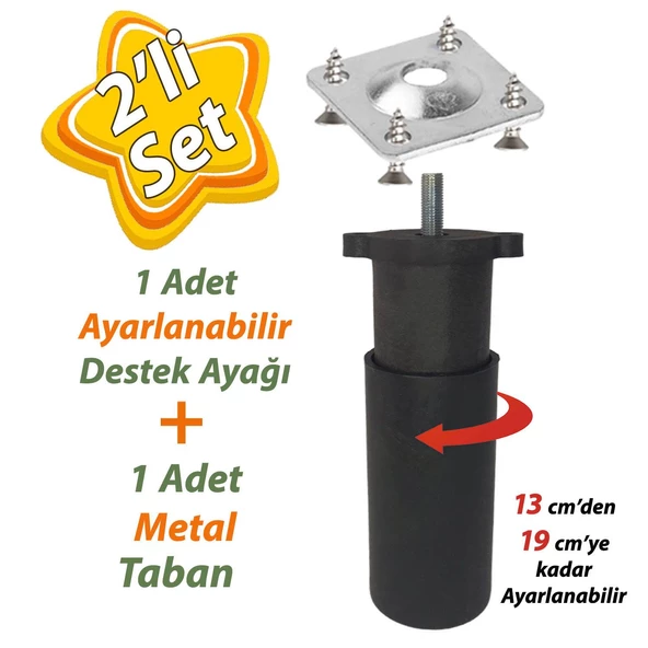 Destek Ayağı 13-19 cm Siyah ve Metal Düz Ayak Tabanı M8 Civatalı İnce Diş Mobilya Kanepe Baza Koltuk Seti ürün görseli 1
