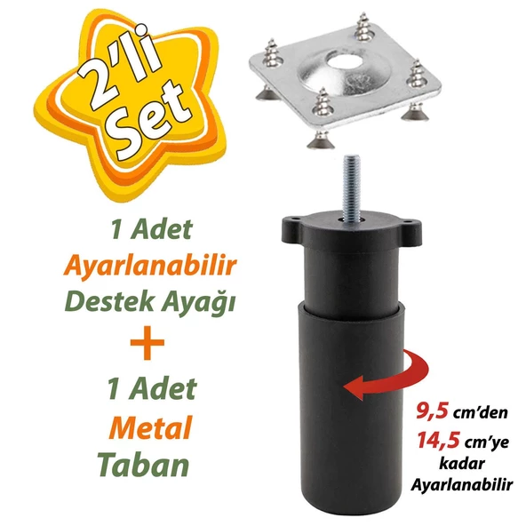 Destek Ayağı 9,5-14,5 cm Siyah ve Metal Düz Ayak Tabanı M8 Civatalı İnce Diş Mobilya Kanepe Baza Koltuk Seti ürün görseli 1