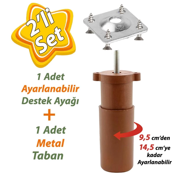 Destek Ayağı 9,5-14,5 cm Kahverengi ve Metal Düz Ayak Tabanı M8 Civatalı İnce Diş Mobilya Kanepe Baza Koltuk Seti ürün görseli 1