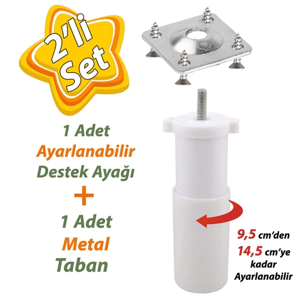Destek Ayağı 9,5-14,5 cm Beyaz ve Metal Düz Ayak Tabanı M8 Civatalı İnce Diş Mobilya Kanepe Baza Koltuk Seti ürün görseli 1