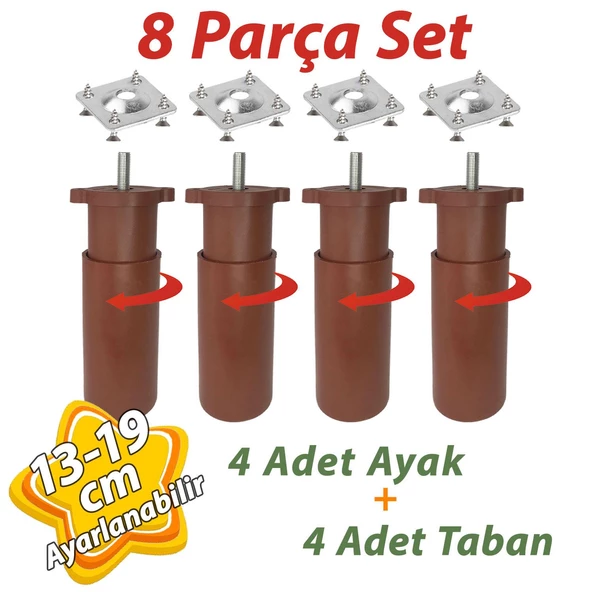 4 Adet Destek Ayağı 13-19 cm Kahverengi ve 4 Adet  Metal Düz Ayak Tabanı M8 Civatalı İnce Diş Mobilya Kanepe Baza Koltuk Seti ürün görseli 1