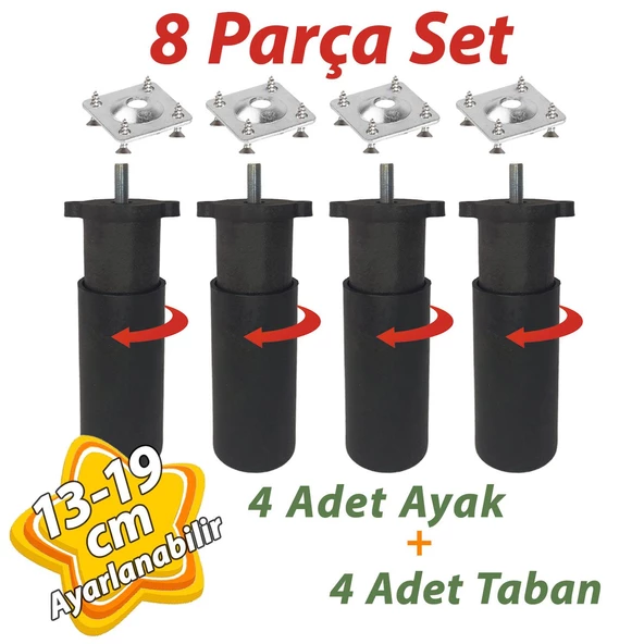 4 Adet Destek Ayağı 13-19 cm Siyah ve 4 Adet Metal Düz Ayak Tabanı M8 Civatalı İnce Diş Mobilya Kanepe Baza Koltuk Seti ürün görseli 1