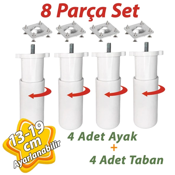 4 Adet Destek Ayağı 13-19 cm Beyaz ve 4 Adet  Metal Düz Ayak Tabanı M8 Civatalı İnce Diş Mobilya Kanepe Baza Koltuk Seti ürün görseli 1