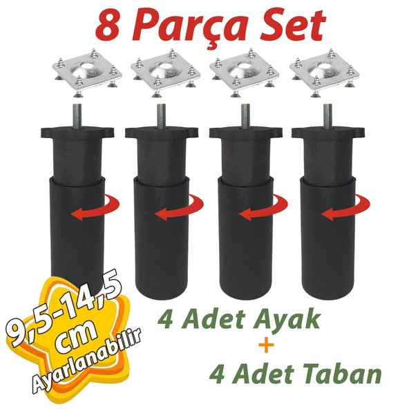 4 Adet Destek Ayağı 9,5-14,5 cm Siyah ve 4 Adet Metal Düz Ayak Tabanı M8 Civatalı İnce Diş Mobilya Kanepe Baza Koltuk Seti ürün görseli 1