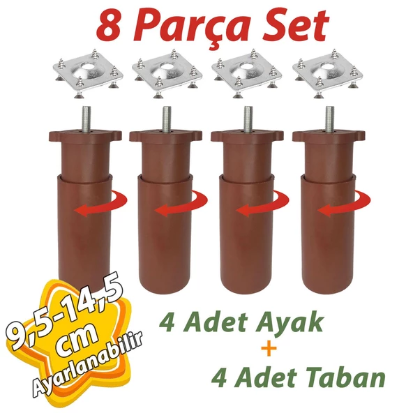 4 Adet Destek Ayağı 9,5-14,5 cm Kahverengi ve 4 Adet Metal Düz Ayak Tabanı M8 Civatalı İnce Diş Mobilya Kanepe Baza Koltuk Seti ürün görseli 1