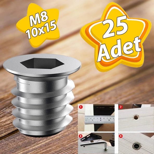 Metal Düz Dişli Dübel Ahşap Dübeli M8 10x15 Diş Çinko Mobilya Bağlantı Ünite Birleştirme (25 ADET) ürün görseli 1