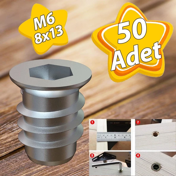 Metal Düz Dişli Dübel Ahşap Dübeli M6 8x13 Diş Çinko Mobilya Bağlantı Ünite Birleştirme (50 ADET) ürün görseli 1