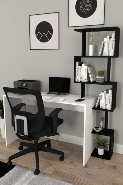Moonlife Pratik Kitaplıklı Çalışma Masası Beyaz Siyah 120x50 ürün görseli 1