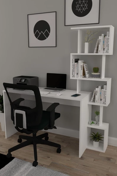 Moonlife Pratik Kitaplıklı Çalışma Masası Beyaz 120x50 ürün görseli 1