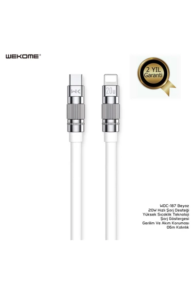 wekome Wdc-187 Type-c To Lightning Pd 20w Hızlı Şarj Data Kablo 1 Metre Beyaz ürün görseli 1