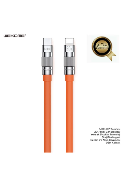 wekome WDC-187  Sarı 1m Type-C-Lightning PD20W Data ve Hızlı Şarj Kablosu Uyumlu ürün görseli 1