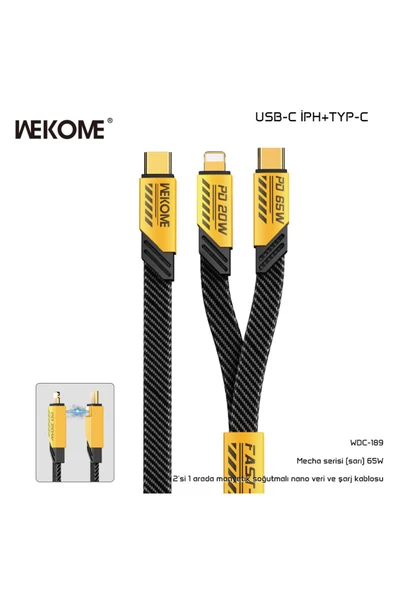 wekome Wdc-189 Mecha 2 In 1 Type-c / Type-c To Lightning 65w 20w Hızlı Şarj Data Kablo 1 Metre Sarı ürün görseli 1