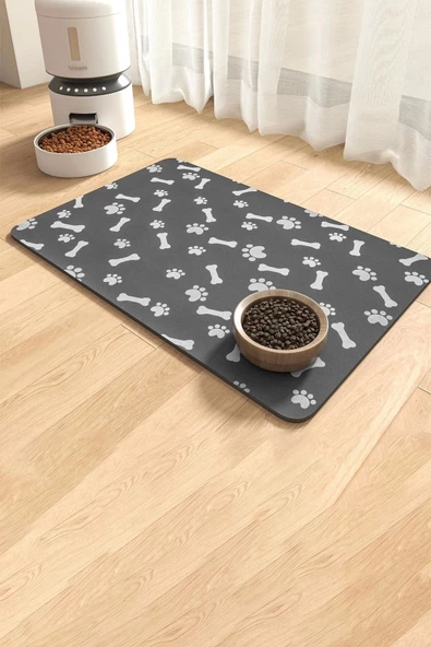 MAtGo Pati Evcil Hayvan Beslenme Matı Pati ve Kemikli Kaymaz Gri Kedi Köpek Mama Paspası 50x70cm ürün görseli 1