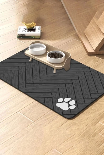 MAtGo Pati Parke Desenli Gri Renk Beslenme Matı Kaymaz Sıvı Geçirmez Kedi Köpek Mama Paspası 50x70cm ürün görseli 1