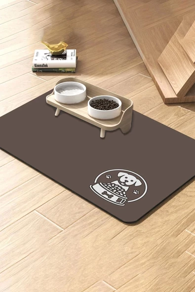 MAtGo Pati Kahverengi Köpek Figürlü Beslenme Matı Kaymaz Sıvı Geçirmez Kedi Köpek Mama Paspası 50x70cm ürün görseli 1