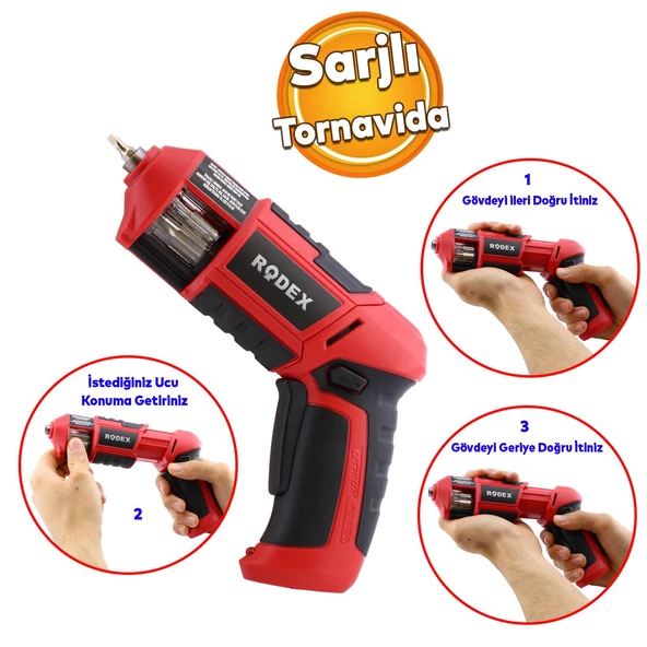 Rodex RDX331 Akülü Otomatik Değiştirilebilir Uçlu Vidalama Şarjlı Tornavida Yıldız Düz Uç Hediyeli ürün görseli 1