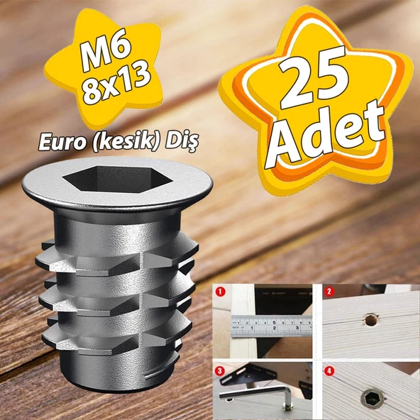 Metal Euro Dişli Dübel Ahşap Dübeli M6 8x13 Diş Çinko Mobilya Bağlantı Ünite Birleştirme (25 ADET) ürün görseli 1