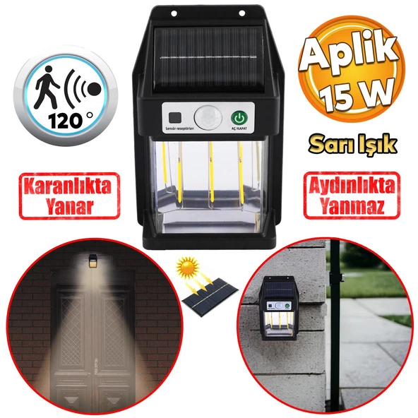 Sensörlü Bahçe Duvar Dış Mekan Aydınlatma Apliği Aplik Güneş Enerjili 3 Modlu Sarı Işıklı 15 W Fener ürün görseli 1