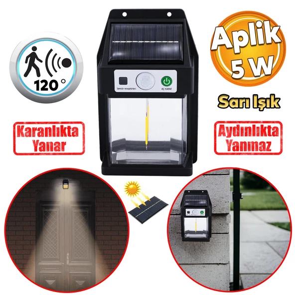 Sensörlü Bahçe Duvar Dış Mekan Apliği Aplik Güneş Enerjili 3 Modlu Sarı Işıklı 5 W Fener Lamba ürün görseli 1