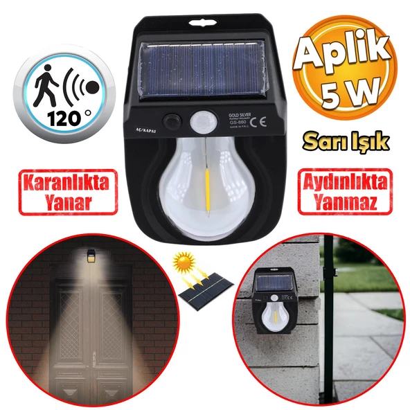 Sensörlü Bahçe Duvar Dış Mekan Apliği Aplik Güneş Enerjili 3 Modlu Sarı Işıklı 5 W Fener Lamba ürün görseli 1