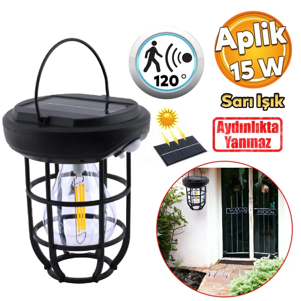 Sensörlü Bahçe Duvar Dış Mekan Apliği Aplik Güneş Enerjili 3 Modlu Sarı Işıklı 15 W Fener Lamba ürün görseli 1