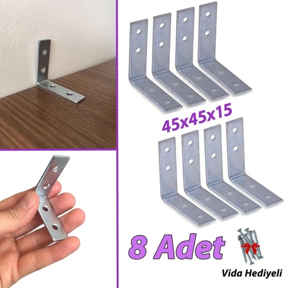 8 Adet Mobilya Eşya Dolap Duvar Sabitleyici Köşe Bağlantı L Demir Gönye Deprem Güvenliği 45x45x15mm ürün görseli 1
