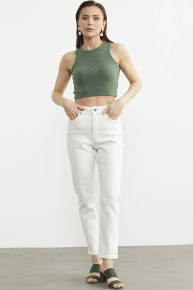 Likralı Fit Mom Jean - Ekru ürün görseli 1