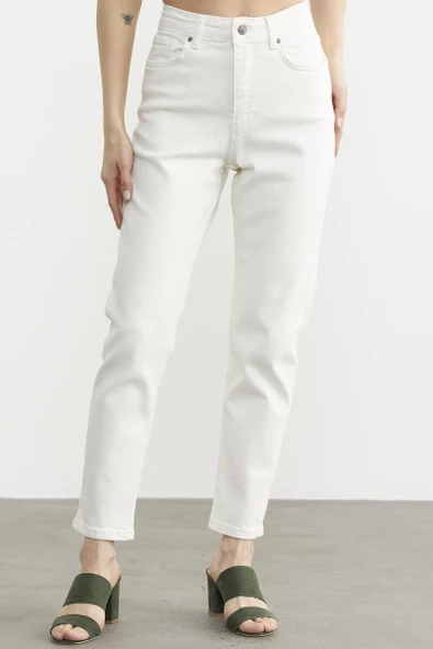 Likralı Fit Mom Jean - Ekru - Resim 4