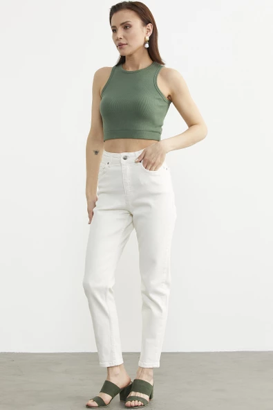 Likralı Fit Mom Jean - Ekru - Resim 2