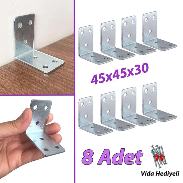 8 Adet Mobilya Eşya Dolap Duvar Sabitleyici Köşe Bağlantı L Demir Gönye Deprem Güvenliği 45x45x30mm ürün görseli 1