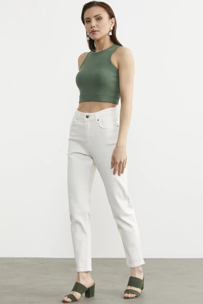 Likralı Fit Mom Jean - Ekru - Resim 3